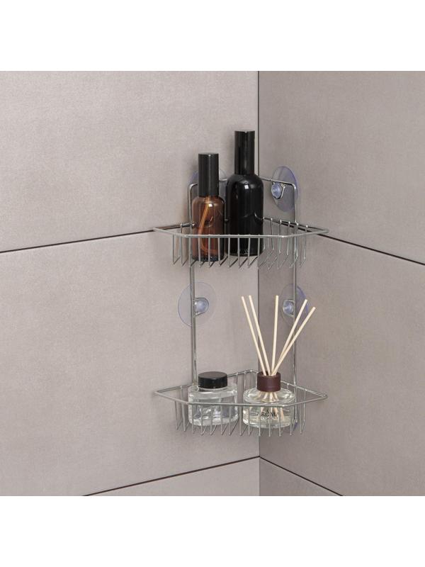 Полка угловая 2-х ярусная Доляна, 6 присосок, 29×15×20 см