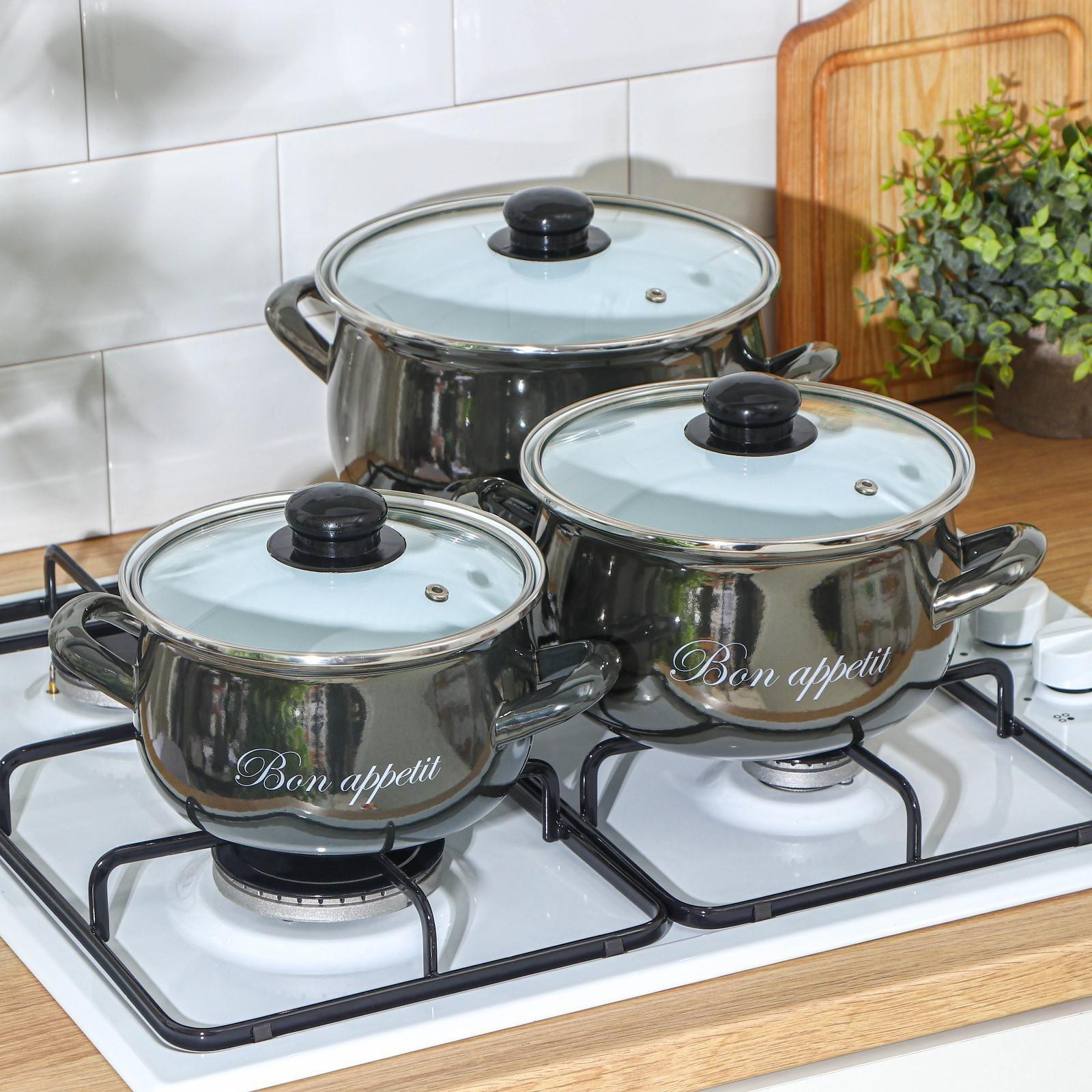 Набор кастрюль «Металлик», 3 предмета: 2,1 л, 3,1 л, 4 л, крышки, индукция, цвет чёрный