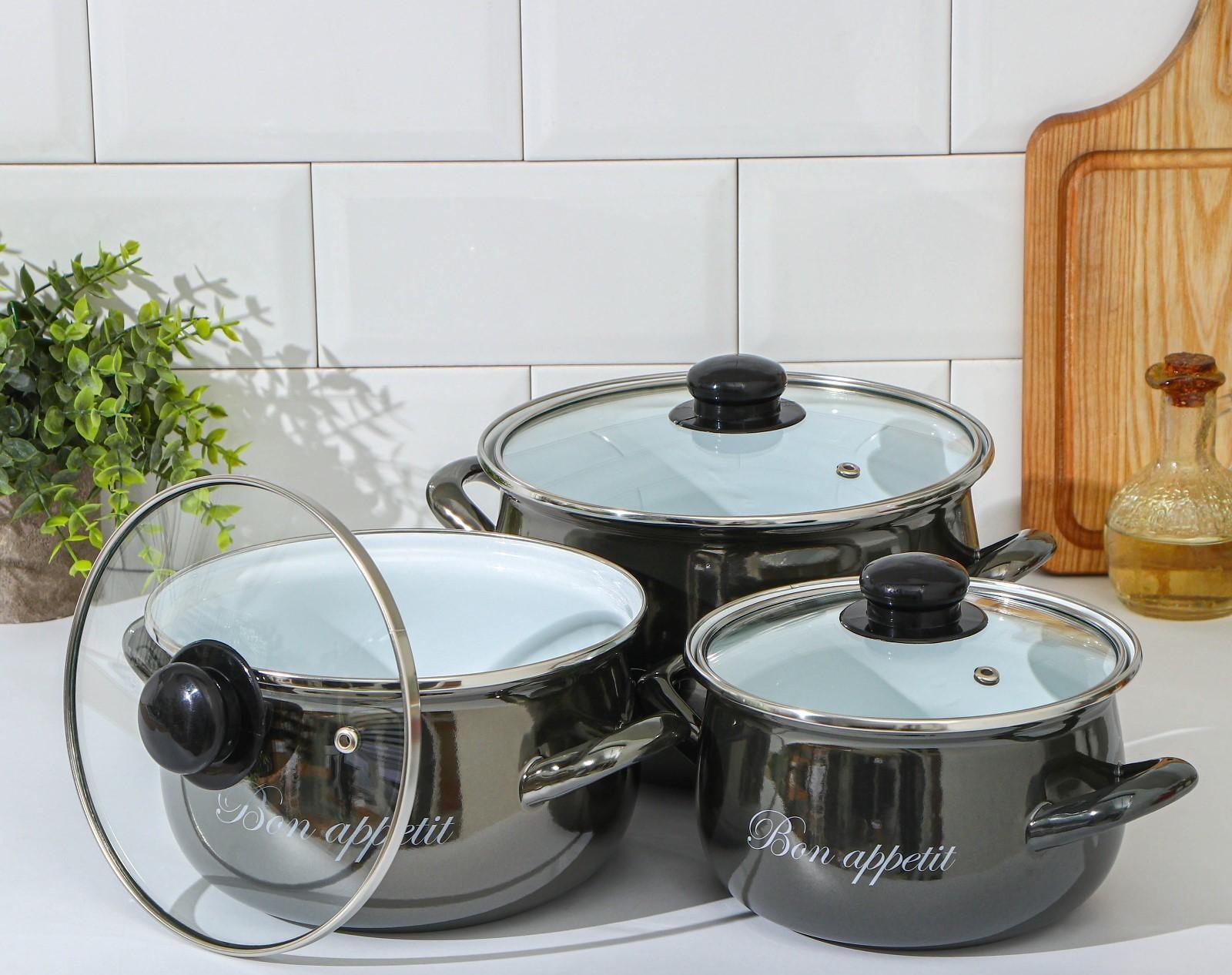 Набор кастрюль «Металлик», 3 предмета: 2,1 л, 3,1 л, 4 л, крышки, индукция, цвет чёрный