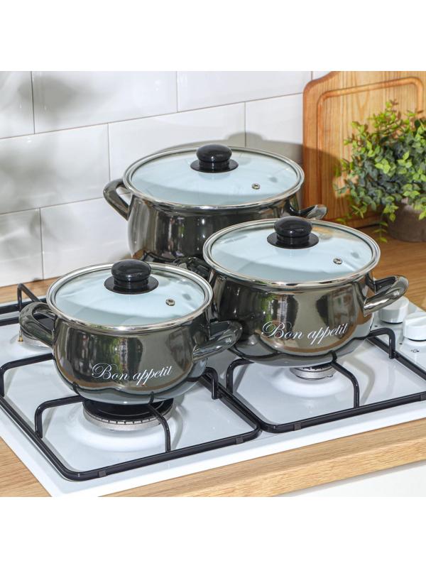 Набор кастрюль «Металлик», 3 предмета: 2,1 л, 3,1 л, 4 л, крышки, индукция, цвет чёрный