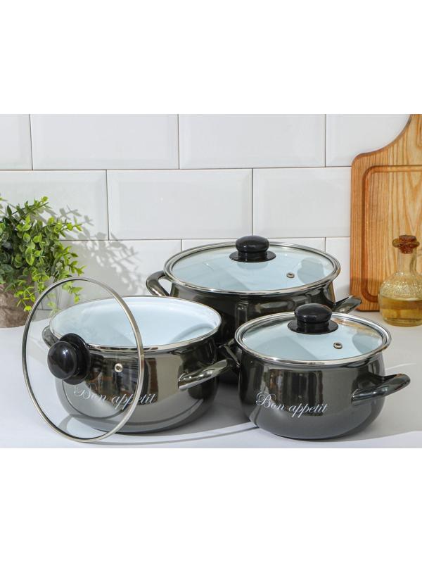 Набор кастрюль «Металлик», 3 предмета: 2,1 л, 3,1 л, 4 л, крышки, индукция, цвет чёрный