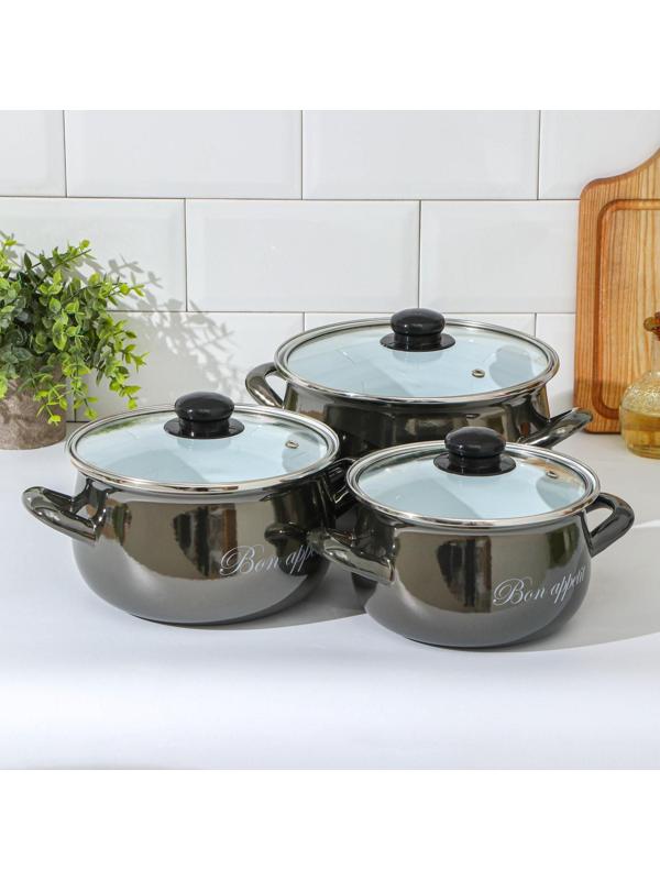 Набор кастрюль «Металлик», 3 предмета: 2,1 л, 3,1 л, 4 л, крышки, индукция, цвет чёрный