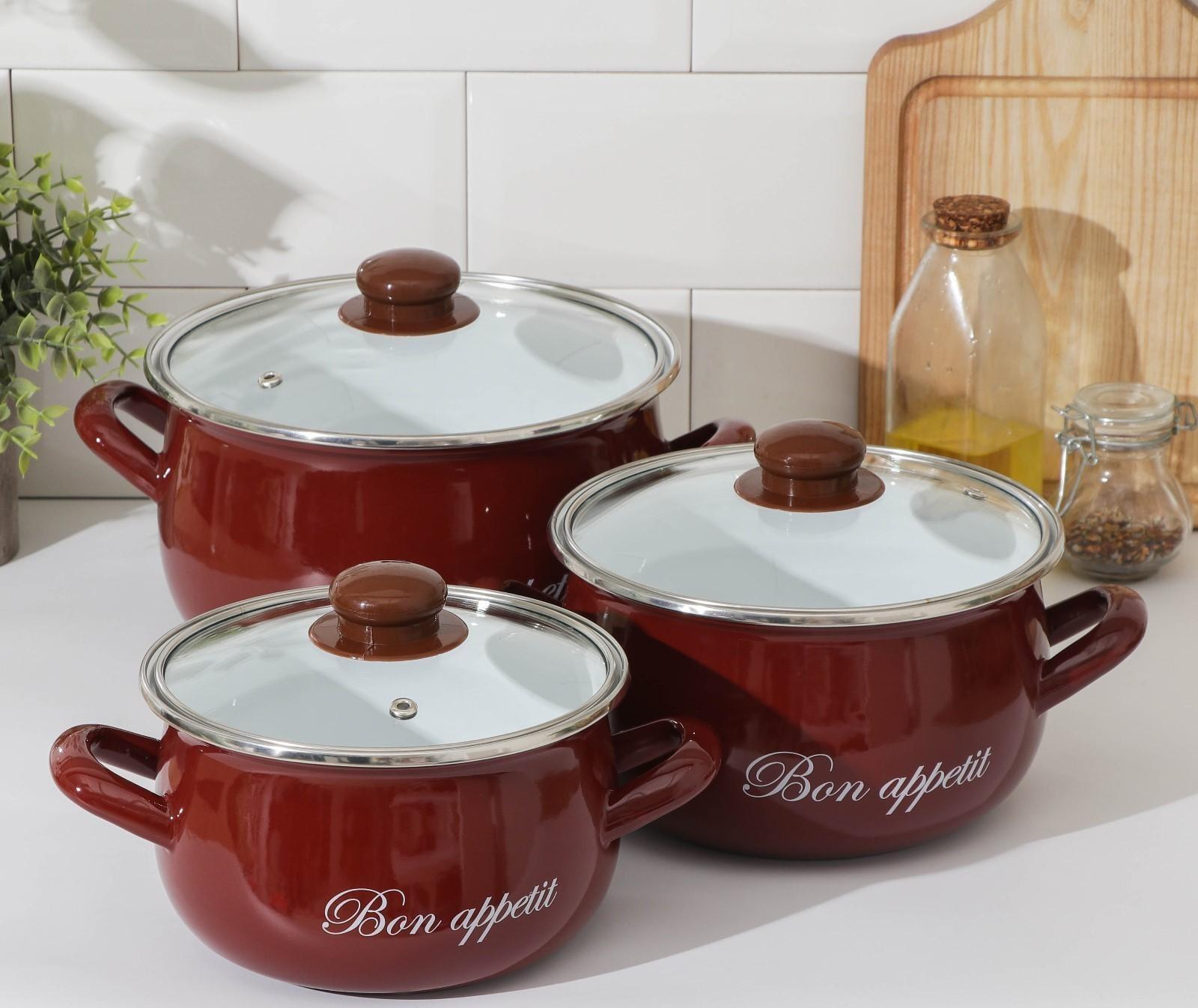 Набор кастрюль «Бордо», 3 предмета: 2,1 л, 3,1 л, 4 л, индукция, цвет бордовый