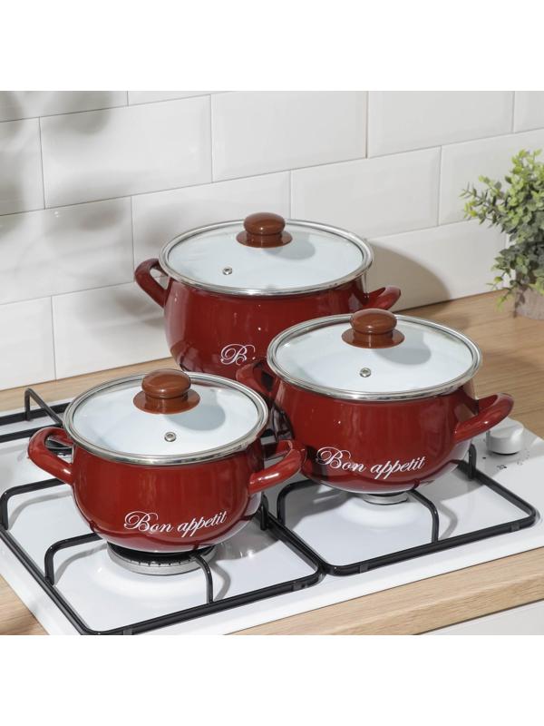 Набор кастрюль «Бордо», 3 предмета: 2,1 л, 3,1 л, 4 л, индукция, цвет бордовый
