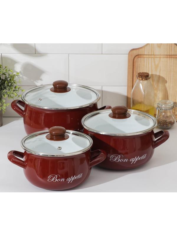 Набор кастрюль «Бордо», 3 предмета: 2,1 л, 3,1 л, 4 л, индукция, цвет бордовый