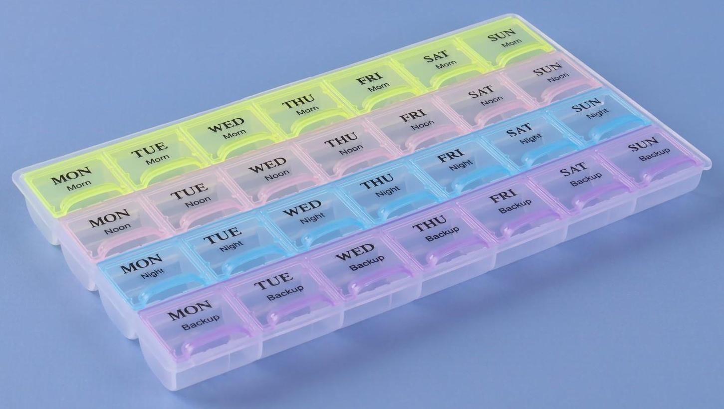 Таблетница-органайзер «Неделька», английские буквы, утро/день/вечер/ночь, 28 секций, разноцветный