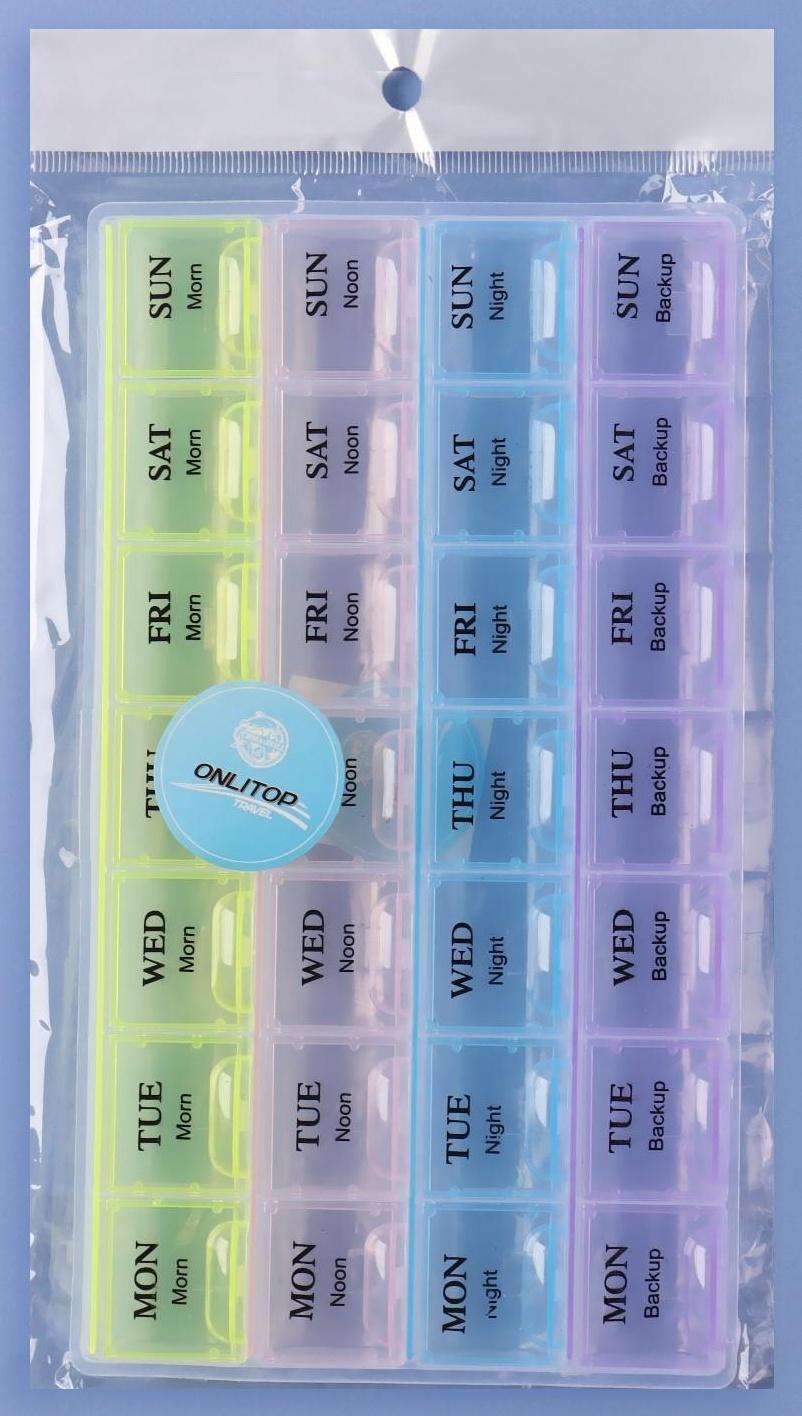 Таблетница-органайзер «Неделька», английские буквы, утро/день/вечер/ночь, 28 секций, разноцветный