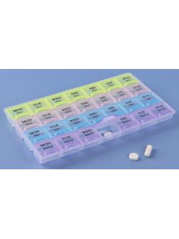 Таблетница-органайзер «Неделька», английские буквы, утро/день/вечер/ночь, 28 секций, разноцветный