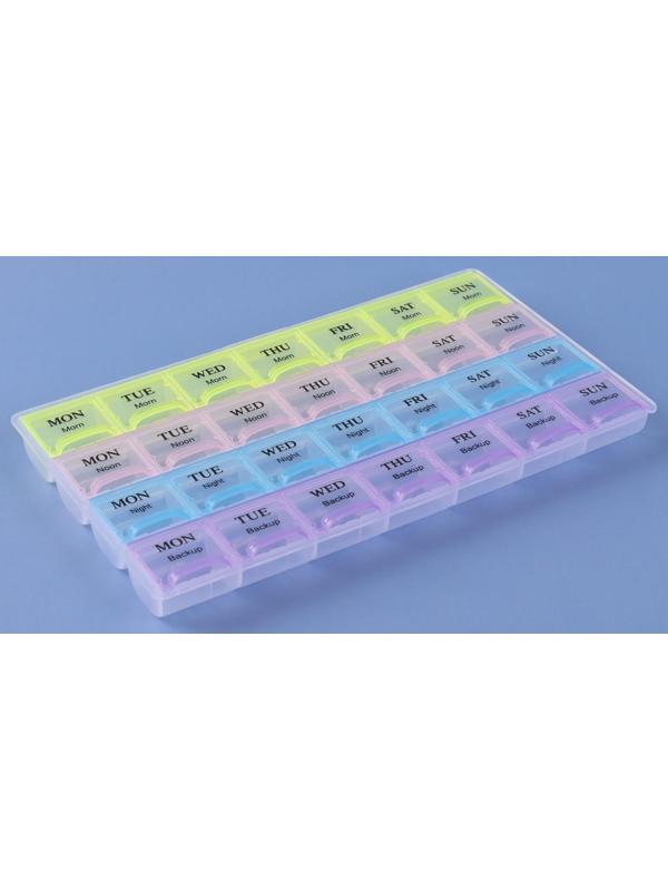 Таблетница-органайзер «Неделька», английские буквы, утро/день/вечер/ночь, 28 секций, разноцветный