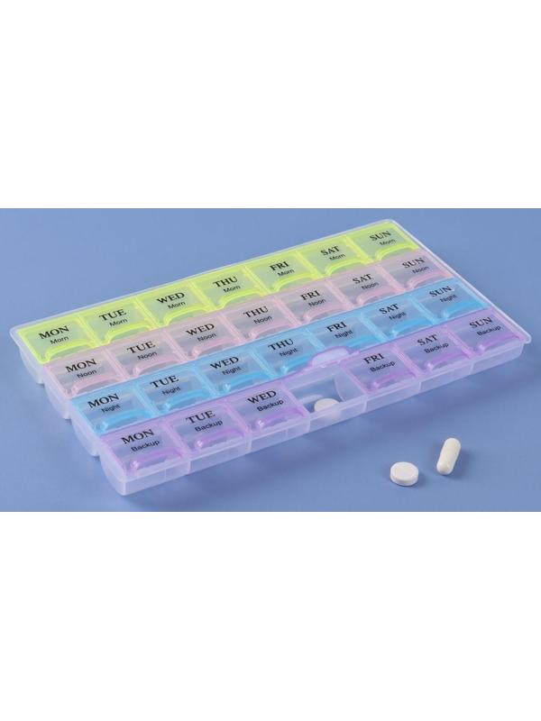 Таблетница-органайзер «Неделька», английские буквы, утро/день/вечер/ночь, 28 секций, разноцветный