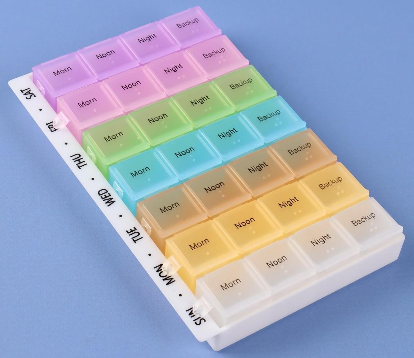 Таблетница-органайзер «Неделька», английские буквы, утро/день/вечер/ночь, 7 контейнеров по 4 секции, разноцветная