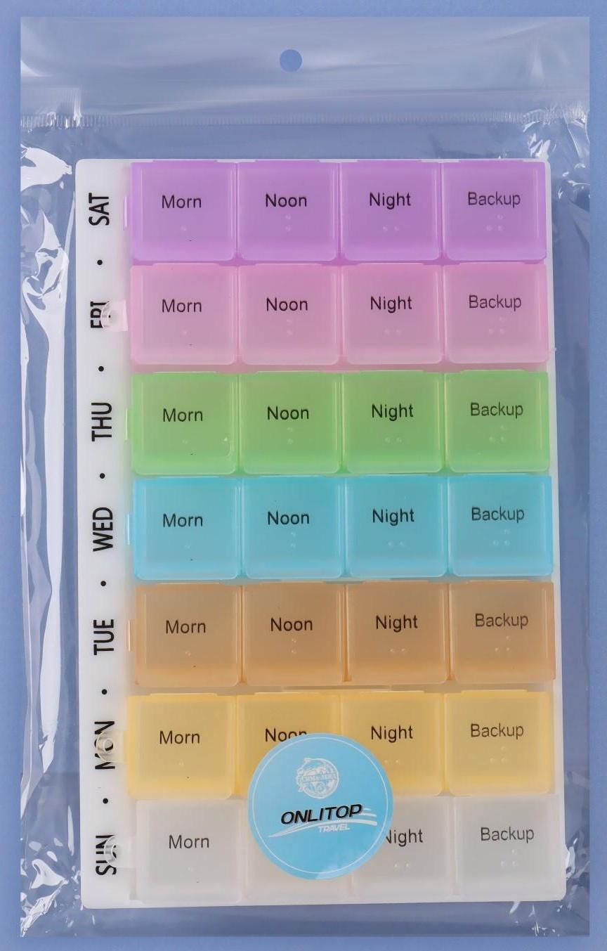 Таблетница-органайзер «Неделька», английские буквы, утро/день/вечер/ночь, 7 контейнеров по 4 секции, разноцветная