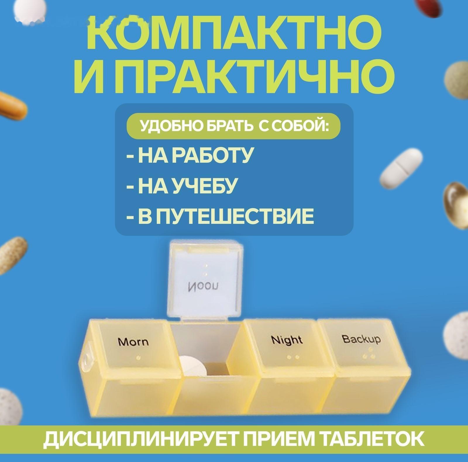 Таблетница-органайзер «Неделька», английские буквы, утро/день/вечер/ночь, 7 контейнеров по 4 секции, разноцветная