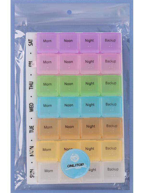 Таблетница-органайзер «Неделька», английские буквы, утро/день/вечер/ночь, 7 контейнеров по 4 секции, разноцветная