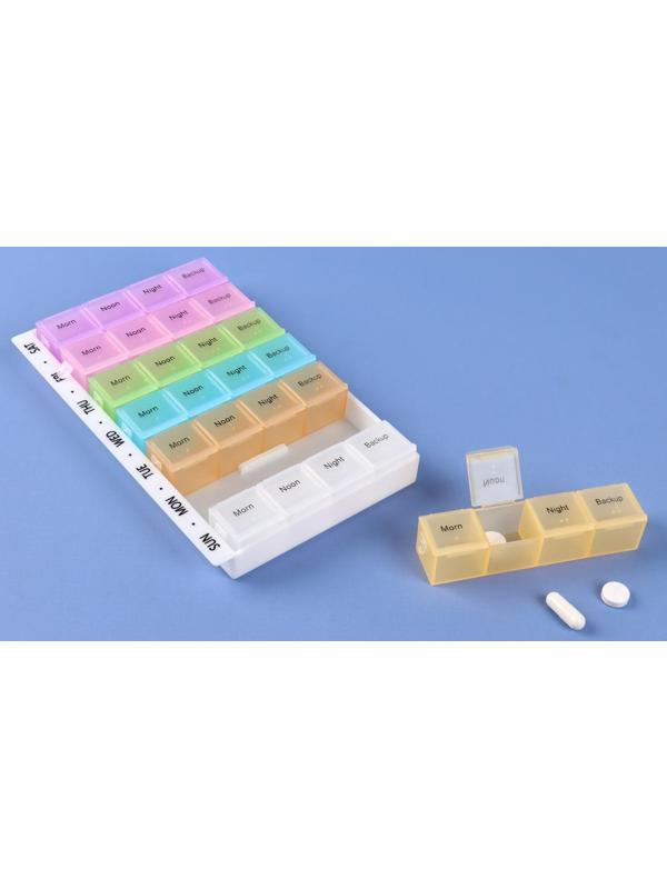 Таблетница-органайзер «Неделька», английские буквы, утро/день/вечер/ночь, 7 контейнеров по 4 секции, разноцветная