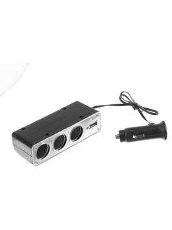 Разветвитель прикуривателя, 3 гнезда, 1 USB 0.5 А, 60 Вт, 12/24 В, провод 40 см