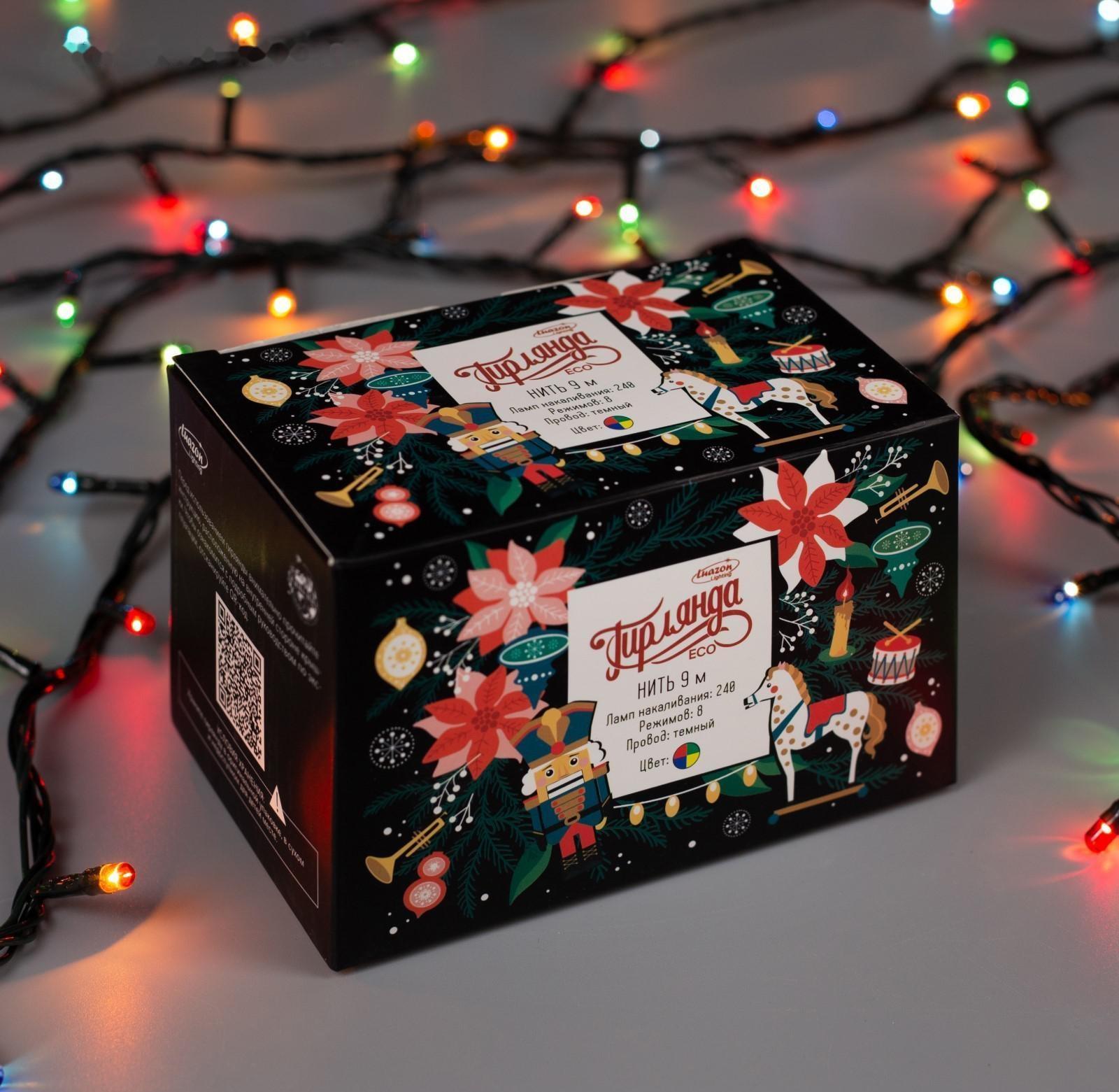 Гирлянда «Нить» 9 м, IP20, тёмная нить, 240 ламп, свечение мульти, 8 режимов, 220 В