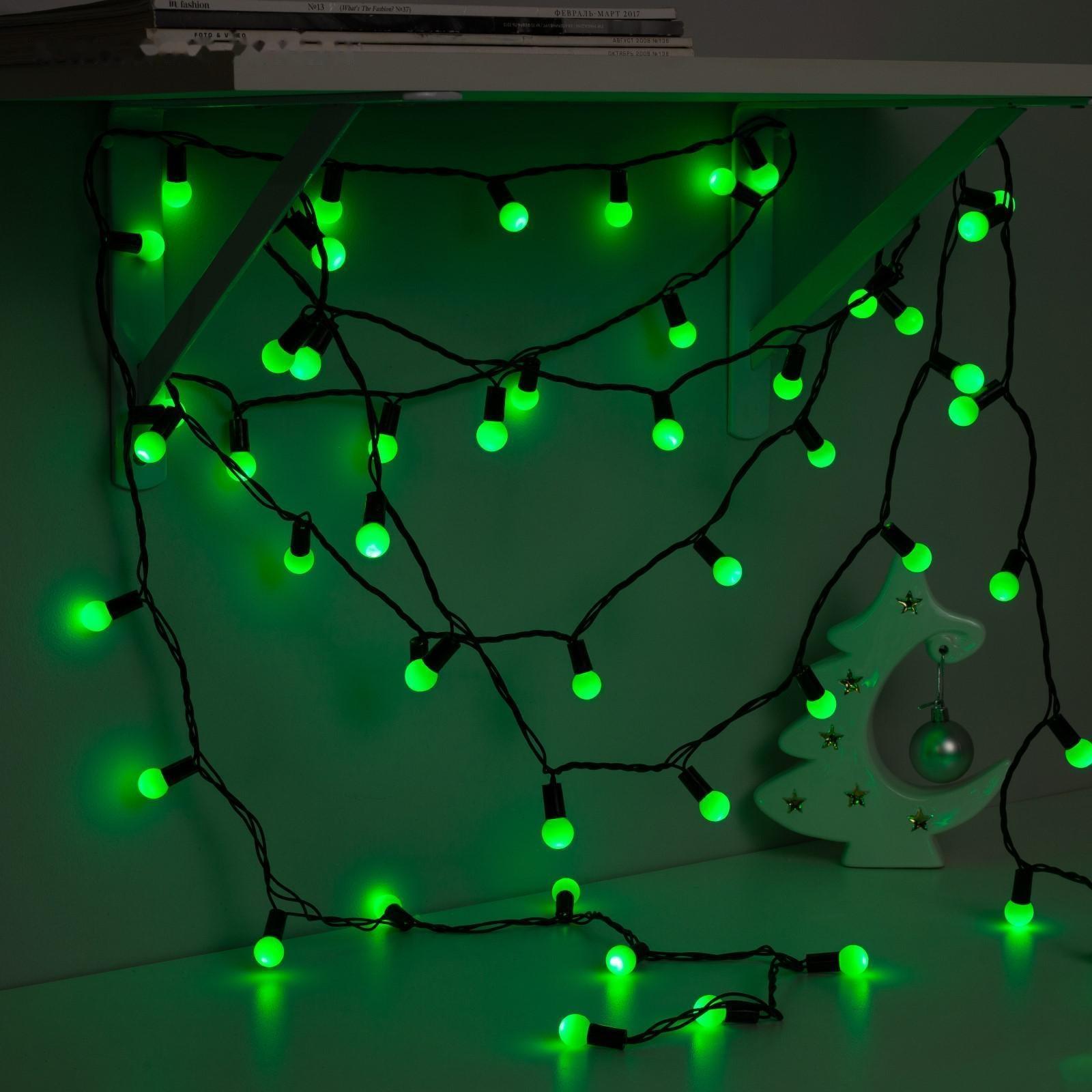 Гирлянда «Нить» 10 м с насадками «Шарики 1.5 см», IP44, тёмная нить, 100 LED, свечение зелёное, 8 режимов, 220 В