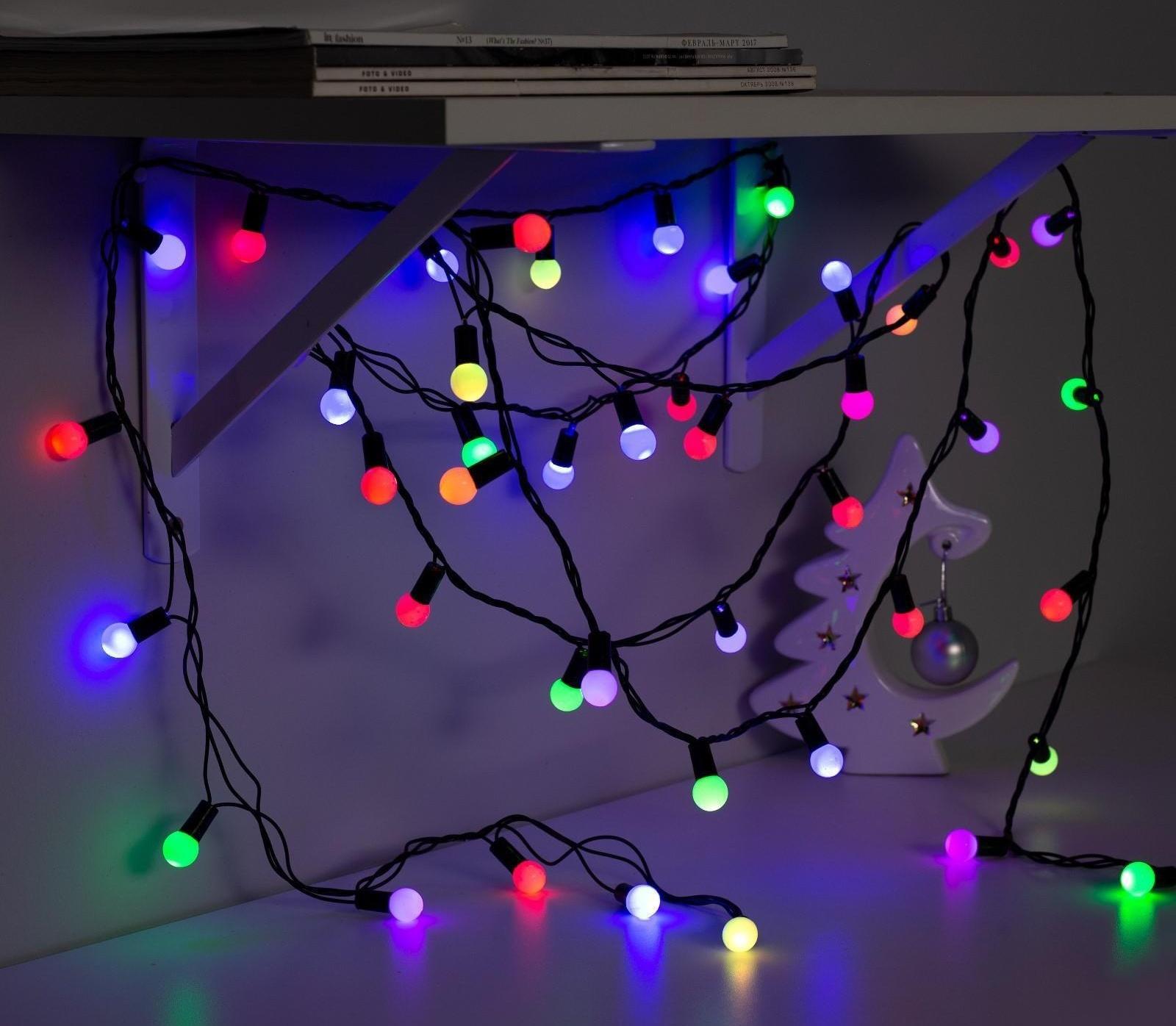 Гирлянда «Нить» 10 м с насадками «Шарики 1.5 см», IP44, тёмная нить, 100 LED, свечение мульти (RG/RB), мигание, 220 В