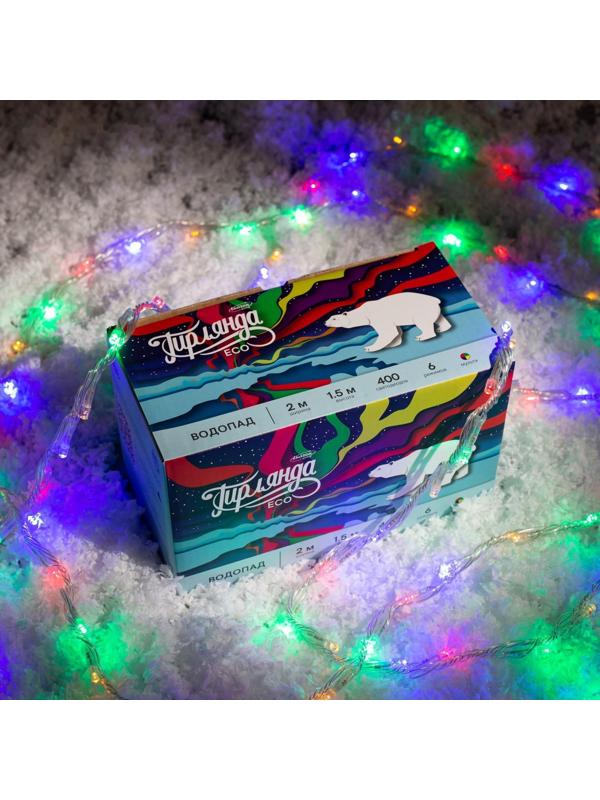 Гирлянда «Водопад» 2 × 1.5 м, IP20, прозрачная нить, 400 LED, свечение мульти, 8 режимов, 220 В