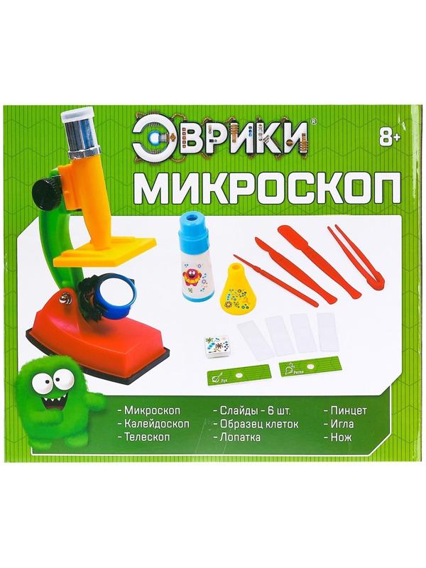 Набор биолога, 14 предметов: калейдоскоп, микроскоп, 4 слайда, 2 образца клеток, пинцет, нож, лопатка, игла, образцы