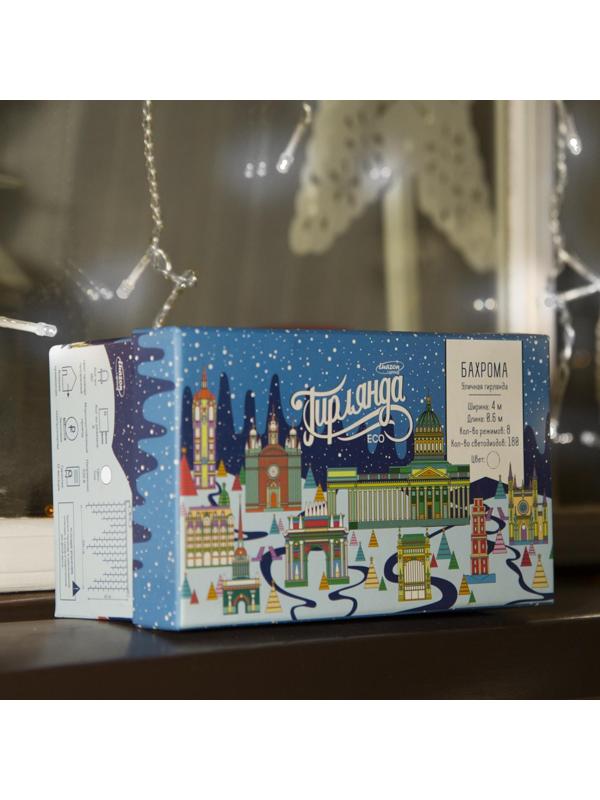 Гирлянда «Бахрома» 4 × 0.6 м, IP44, прозрачная нить, 180 LED, свечение белое, 8 режимов, 220 В