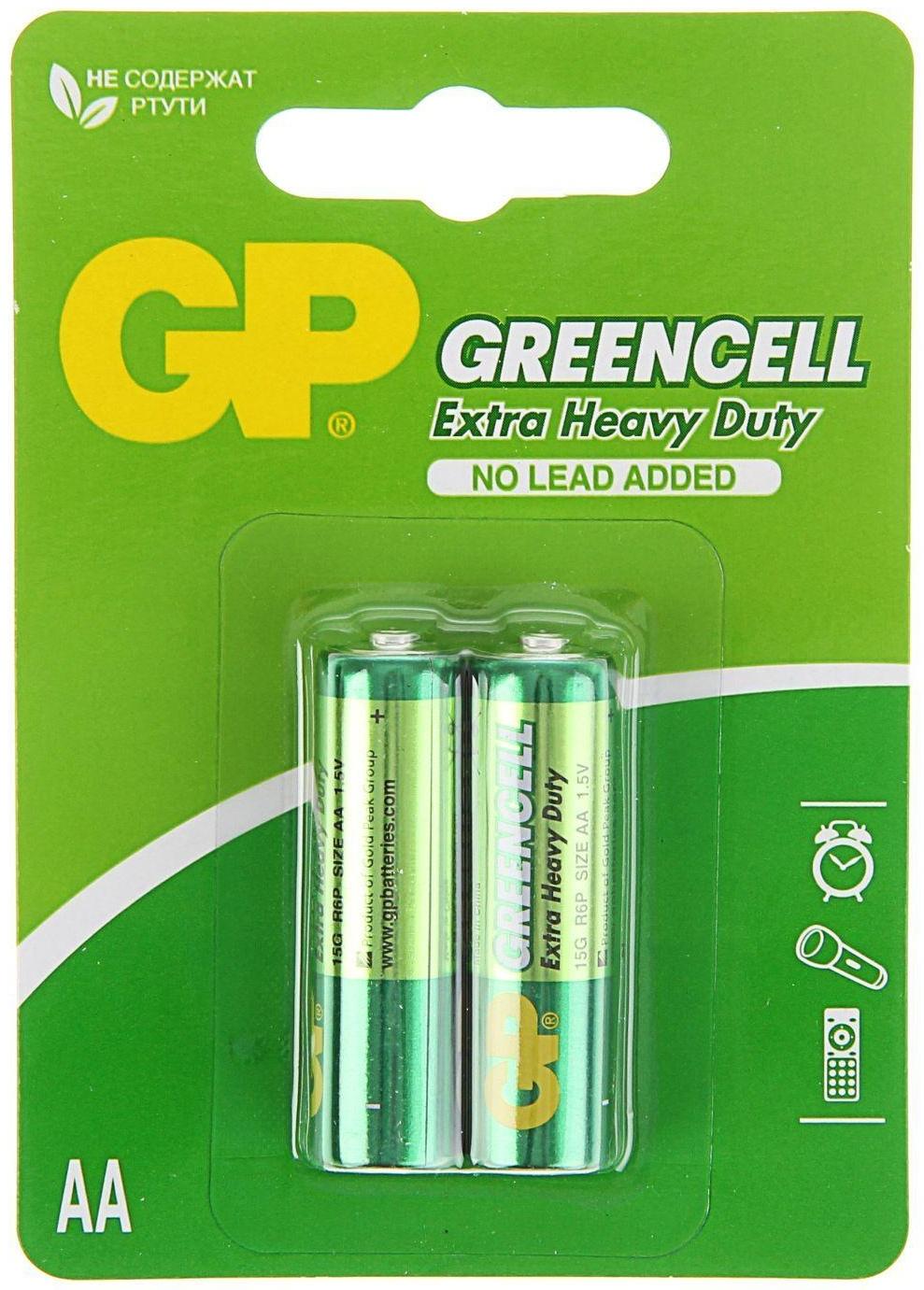 Батарейка солевая GP Greencell Extra Heavy Duty, AA, R6-2BL, 1.5В, блистер, 2 шт.