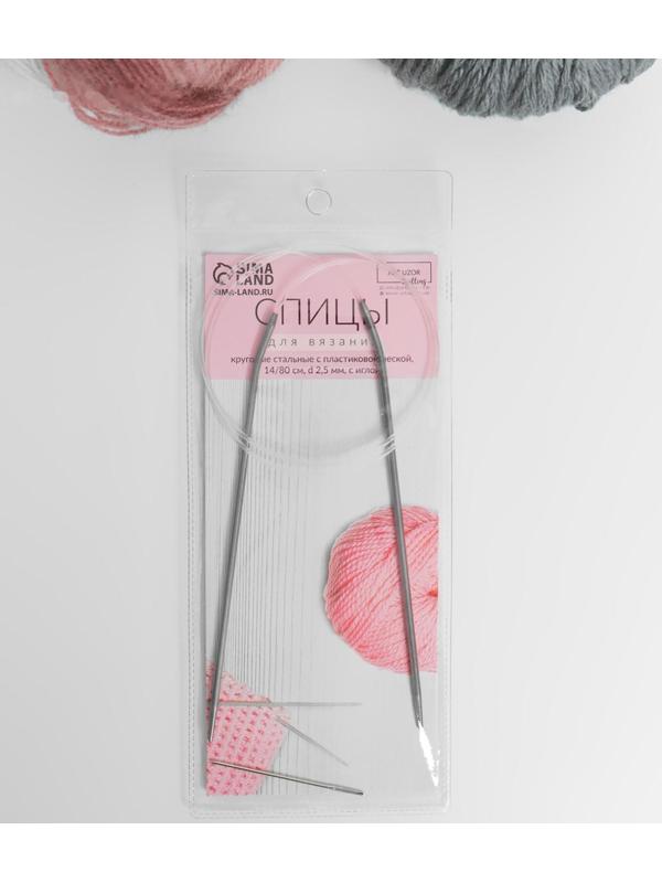 Спицы круговые, для вязания, с пластиковой леской, d = 2,5 мм, 14/80 см, с иглой