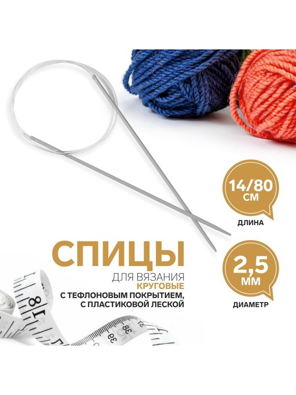 Спицы круговые, для вязания, с тефлоновым покрытием, с пластиковой леской, d = 2,5 мм, 14/80 см