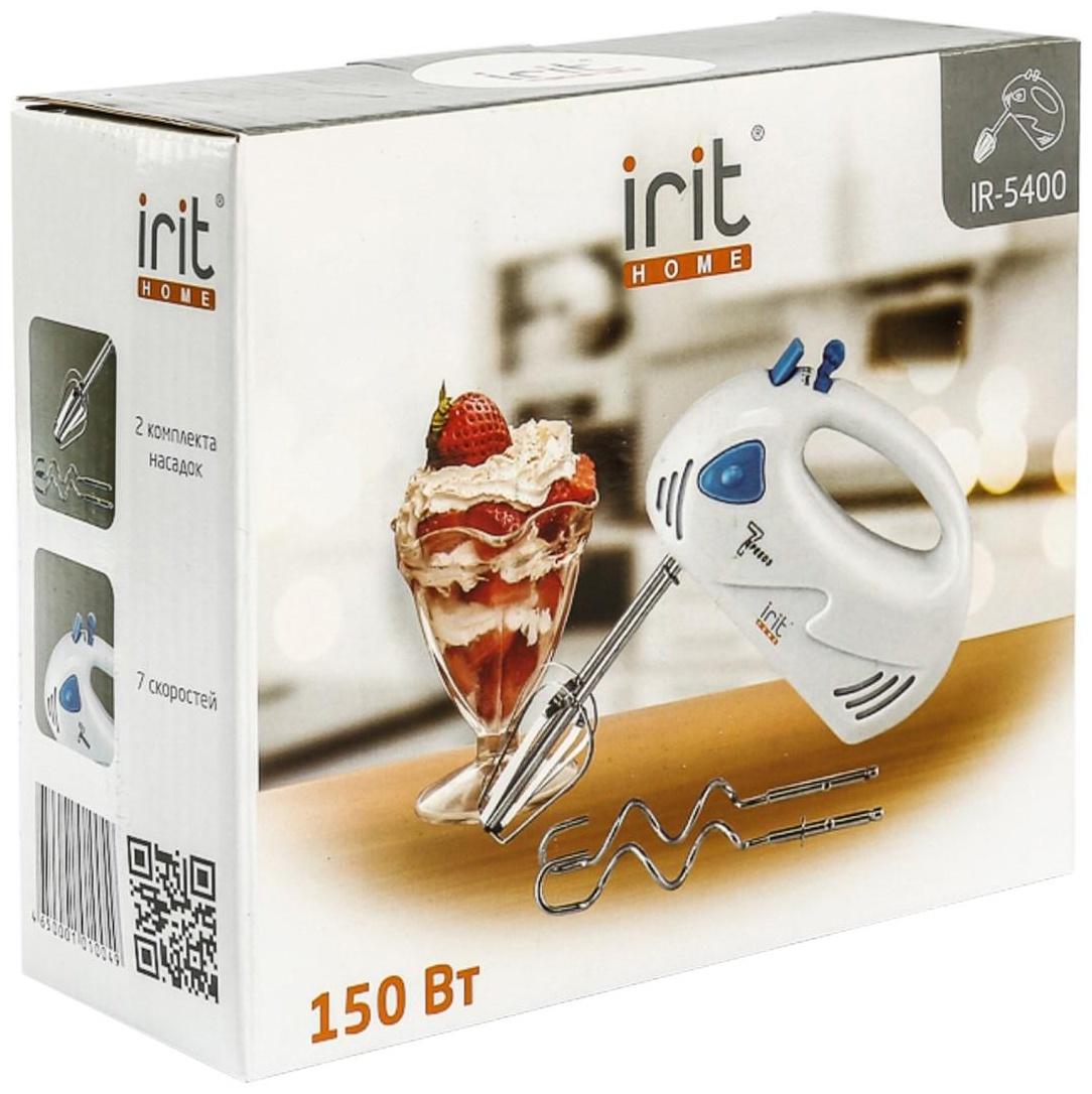 Миксер Irit IR-5400, ручной, 150 Вт, 2 насадки, 7 скоростей, бело-синий