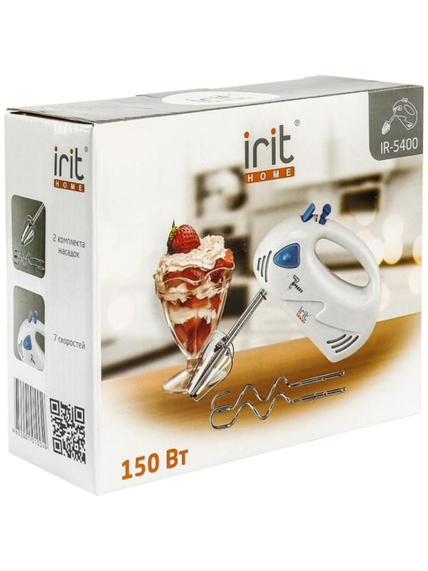 Миксер Irit IR-5400, ручной, 150 Вт, 2 насадки, 7 скоростей, бело-синий