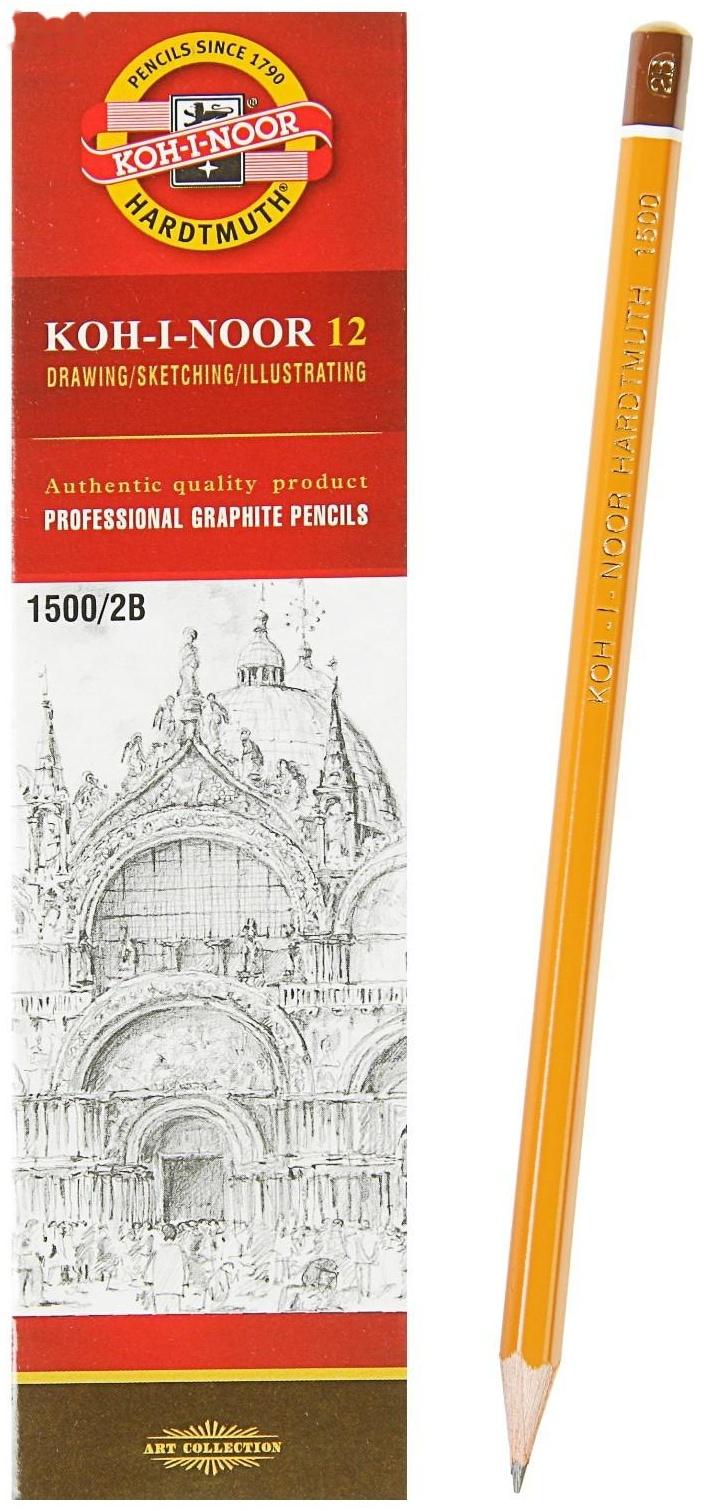 Карандаш чернографитный 2.0 мм, Koh-I-Noor 1500 2B, профессиональный, L=175 мм