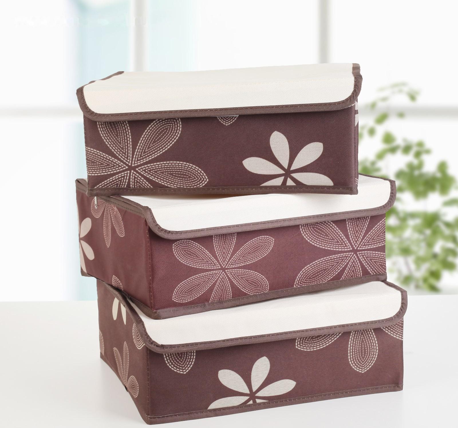 Набор органайзеров для хранения белья с крышкой «Листочки», 32×24×12 см, 3 шт, цвет коричневый
