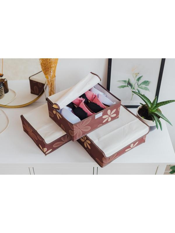 Набор органайзеров для хранения белья с крышкой «Листочки», 32×24×12 см, 3 шт, цвет коричневый