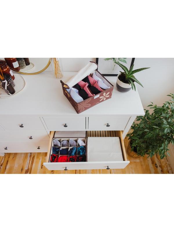 Набор органайзеров для хранения белья с крышкой «Листочки», 32×24×12 см, 3 шт, цвет коричневый