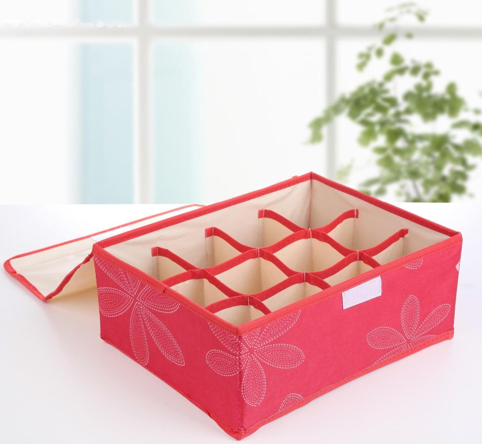 Набор органайзеров для хранения белья с крышкой «Листочки», 32×24×12 см, 3 шт, цвет красный