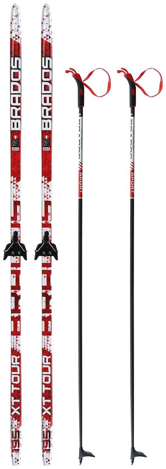 Комплект лыжный: пластиковые лыжи 195 см с насечкой, стеклопластиковые палки 155 см, крепления NN75 мм «БРЕНД ЦСТ Step», цвета микс