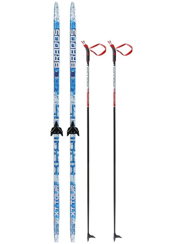 Комплект лыжный: пластиковые лыжи 195 см с насечкой, стеклопластиковые палки 155 см, крепления NN75 мм «БРЕНД ЦСТ Step», цвета микс