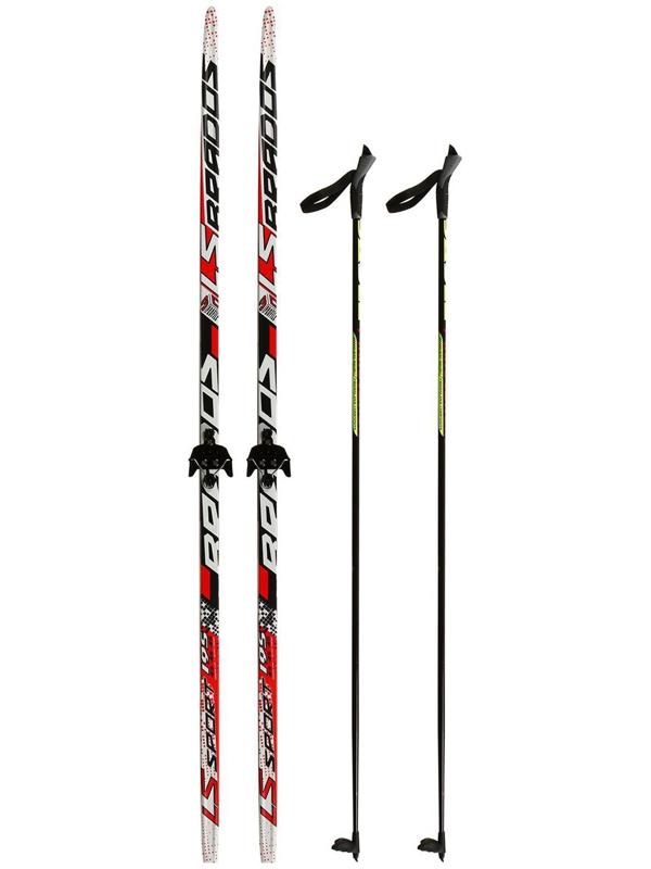 Комплект лыжный: пластиковые лыжи 195 см с насечкой, стеклопластиковые палки 155 см, крепления NN75 мм «БРЕНД ЦСТ Step», цвета микс