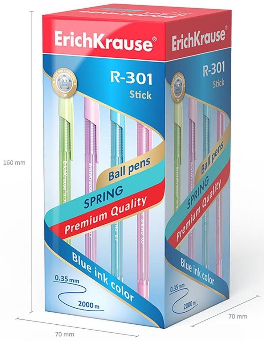 Ручка шариковая ErichKrause R-301 Spring Stick, узел 0.7 мм, чернила синие, длина линии письма 1000 метров, микс