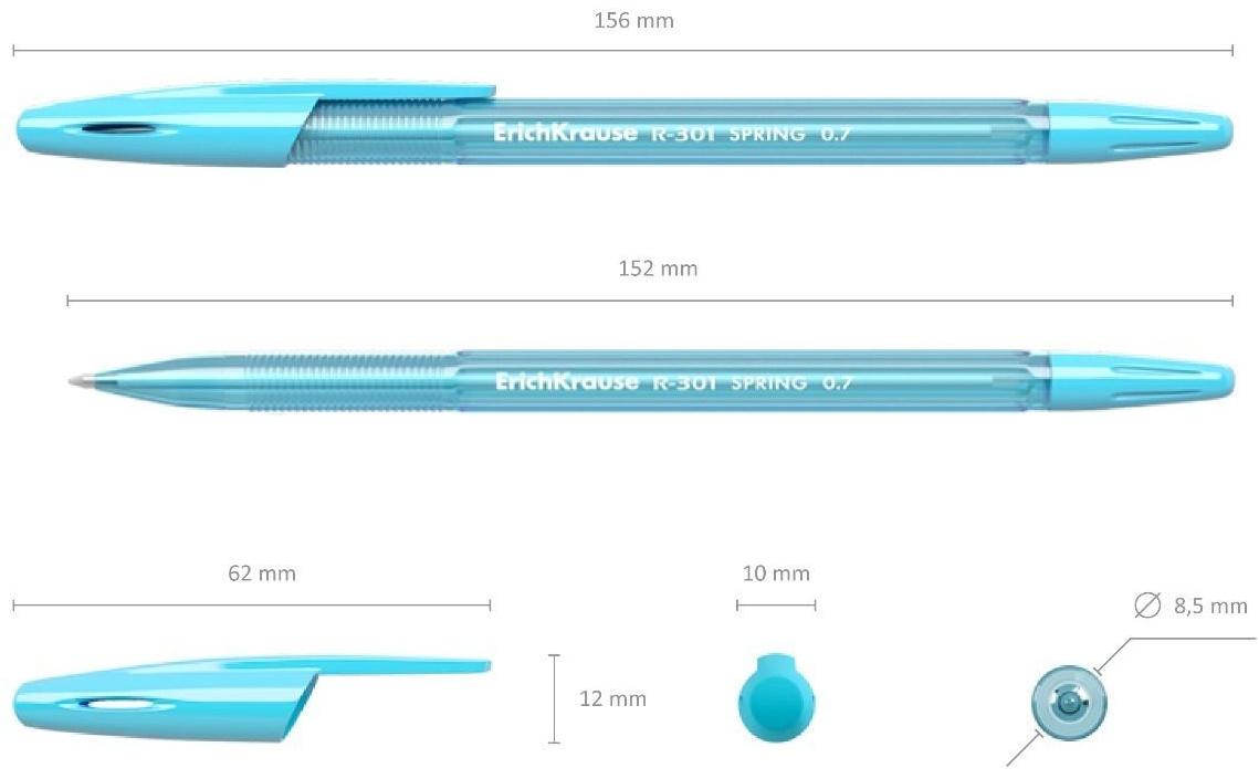 Ручка шариковая ErichKrause R-301 Spring Stick, узел 0.7 мм, чернила синие, длина линии письма 1000 метров, микс