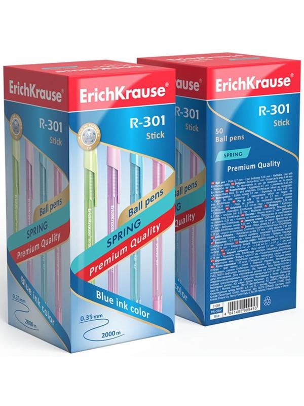 Ручка шариковая ErichKrause R-301 Spring Stick, узел 0.7 мм, чернила синие, длина линии письма 1000 метров, микс