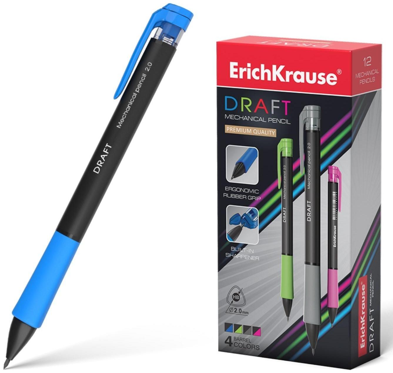 Карандаш механический 2.0 мм, HB, Erich Krause DRAFT, трёхгранный, резиновый упор, точилка, микс