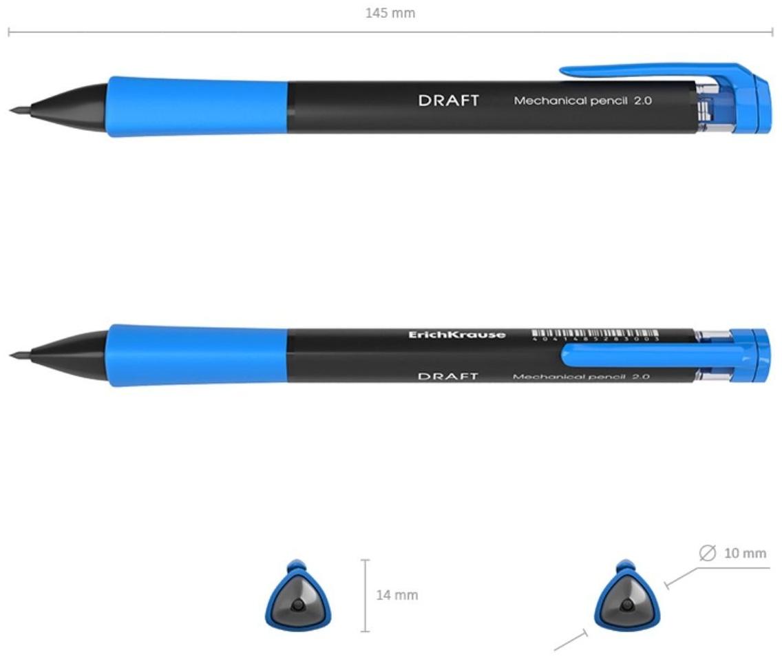 Карандаш механический 2.0 мм, HB, Erich Krause DRAFT, трёхгранный, резиновый упор, точилка, микс