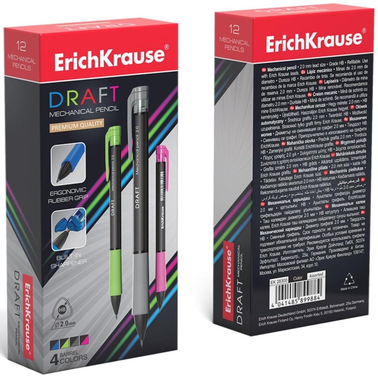 Карандаш механический 2.0 мм, HB, Erich Krause DRAFT, трёхгранный, резиновый упор, точилка, микс
