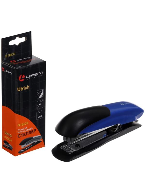 Степлер Lamark Ulrich №10, металлический корпус, встроенный антистеплер, индикатор скоб, до 12 листов, синий