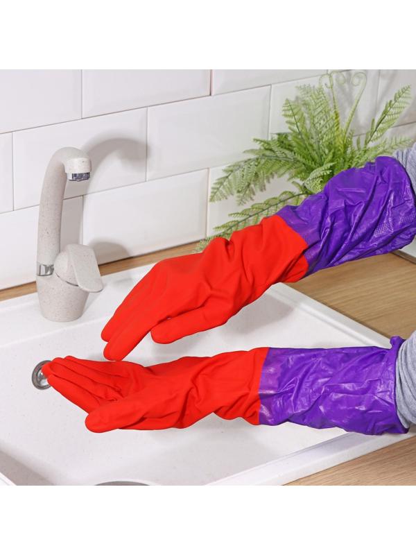 Перчатки хозяйственные резиновые с утеплителем, размер L, длинные манжеты, 110 гр, цвет красный