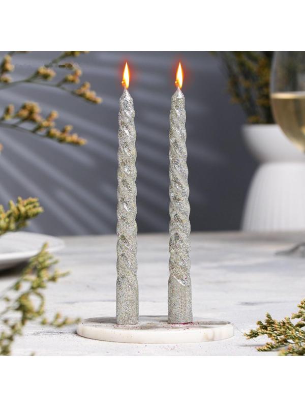 Набор свечей витых, 1,5х 15 см, 2 штуки, блестка, серебро