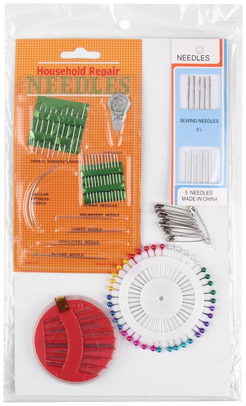 Портновский набор: булавки 50 шт, иглы 47 шт, нитевдеватель, цвет МИКС