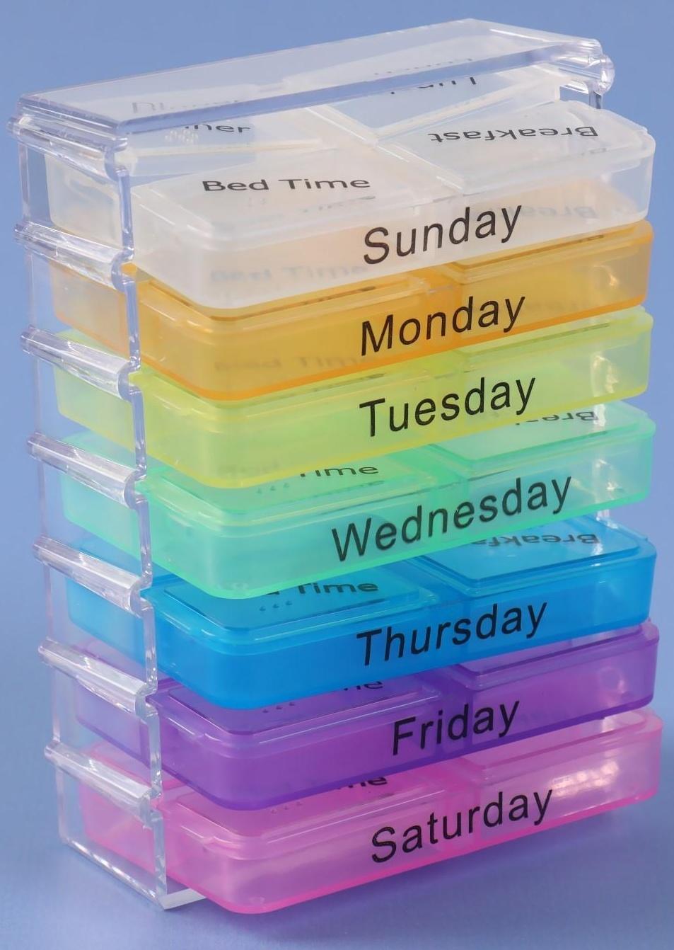 Таблетница-органайзер «Неделька», английские буквы, утро/день/вечер/ночь, 7 контейнеров по 4 секции, разноцветный